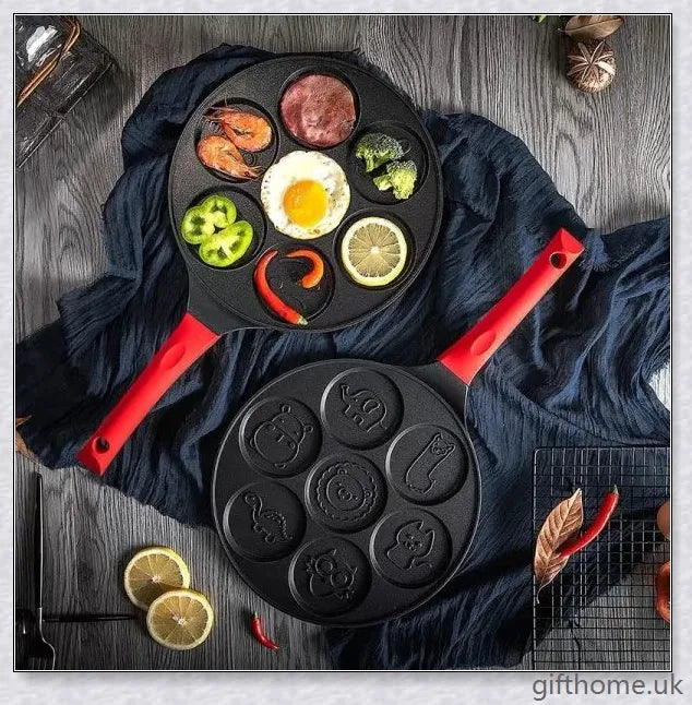 Aluminium alloy non-stick seven-hole breakfast frying pan with silicone handle for easy and even cooking