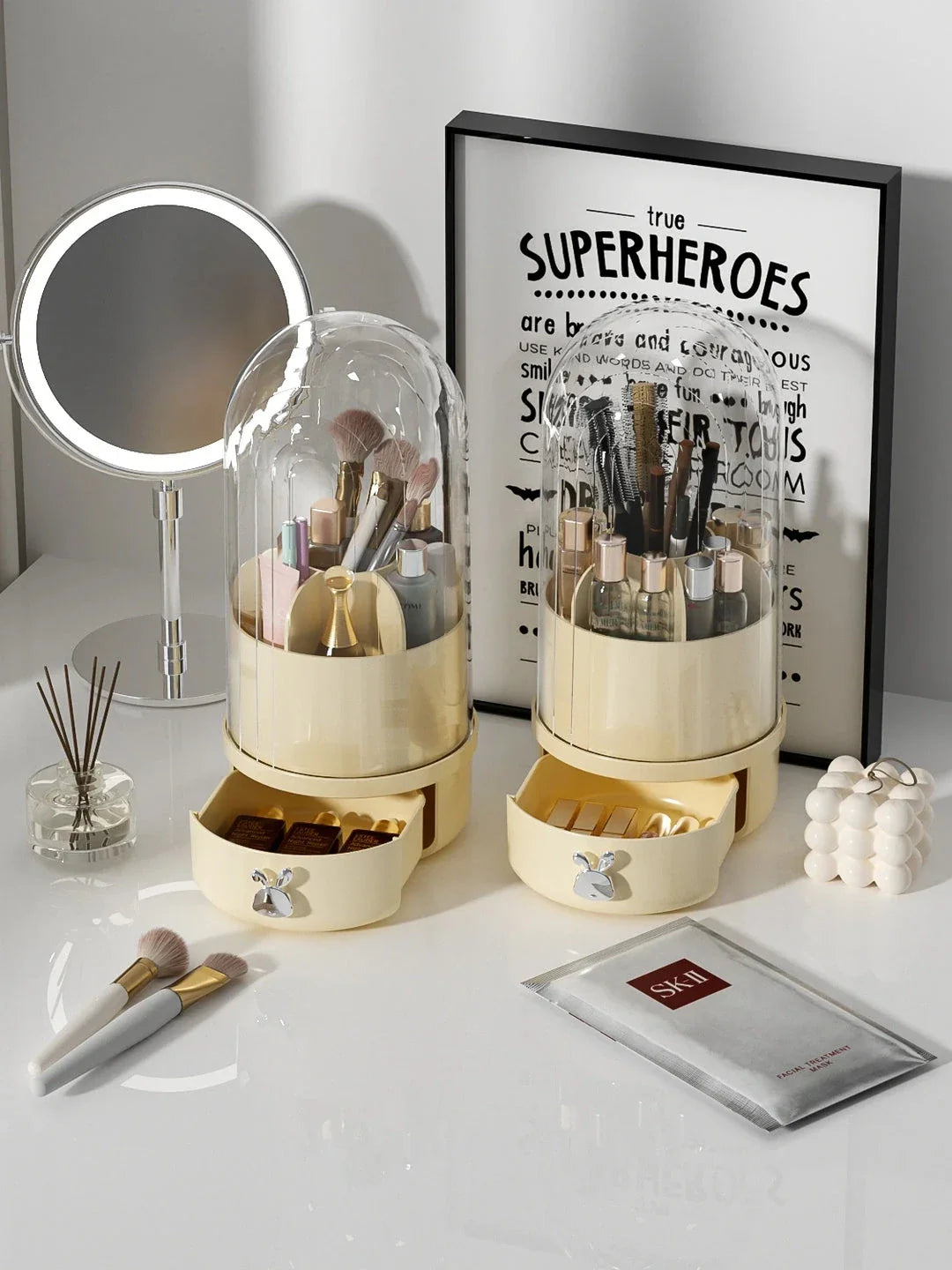 360 degree rotating makeup brush holder with clear acrylic cover and sliding drawer for organised brush storage