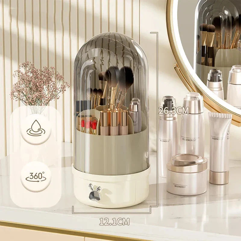 360 degree rotating makeup brush holder with clear acrylic cover and sliding drawer for organised brush storage