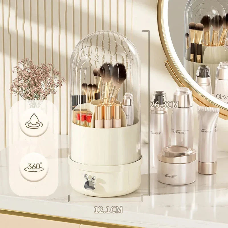 360 degree rotating makeup brush holder with clear acrylic cover and sliding drawer for organised brush storage