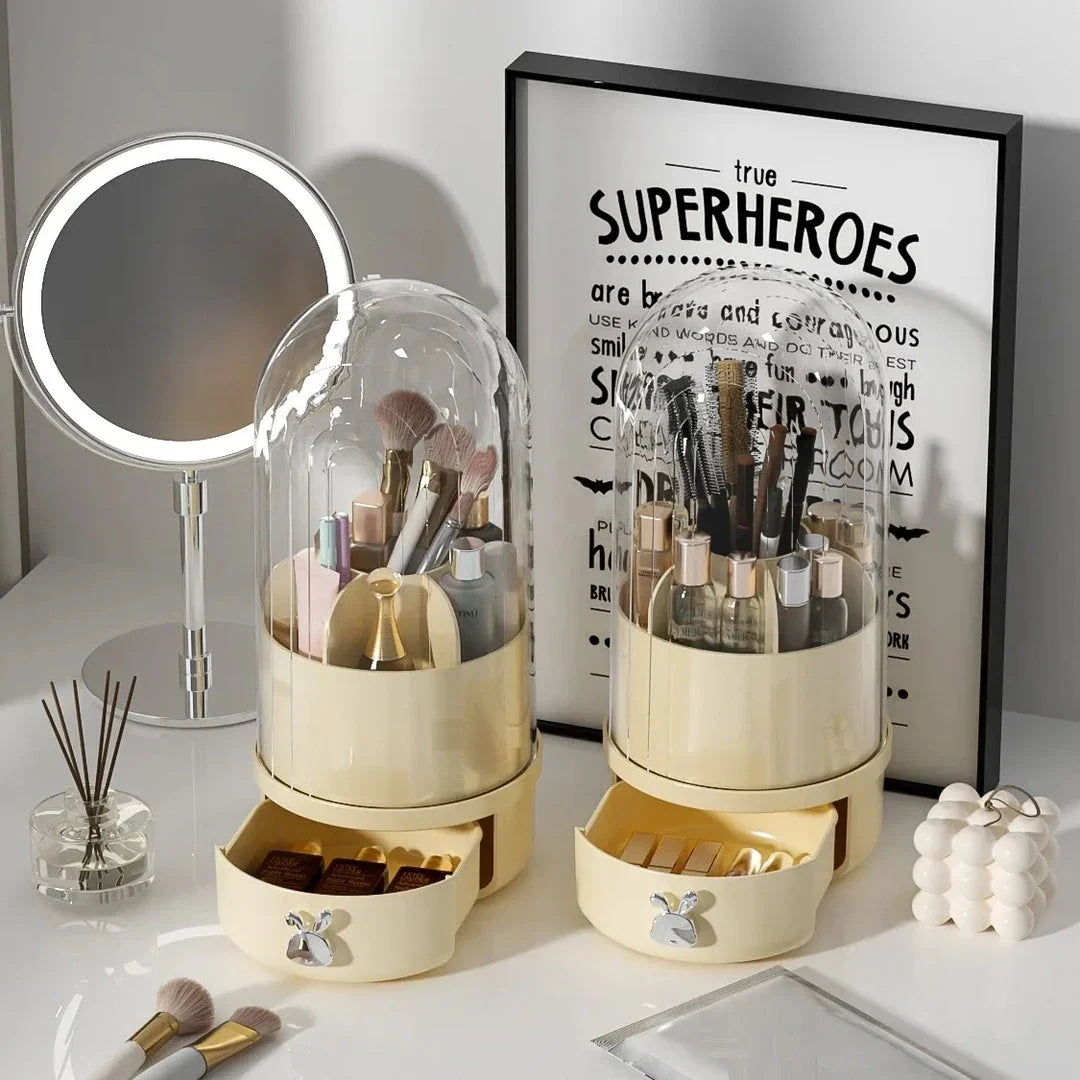 360 degree rotating makeup brush holder with clear acrylic cover and sliding drawer for organised brush storage