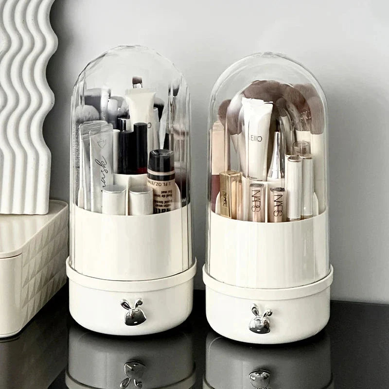 360 degree rotating makeup brush holder with clear acrylic cover and sliding drawer for organised brush storage