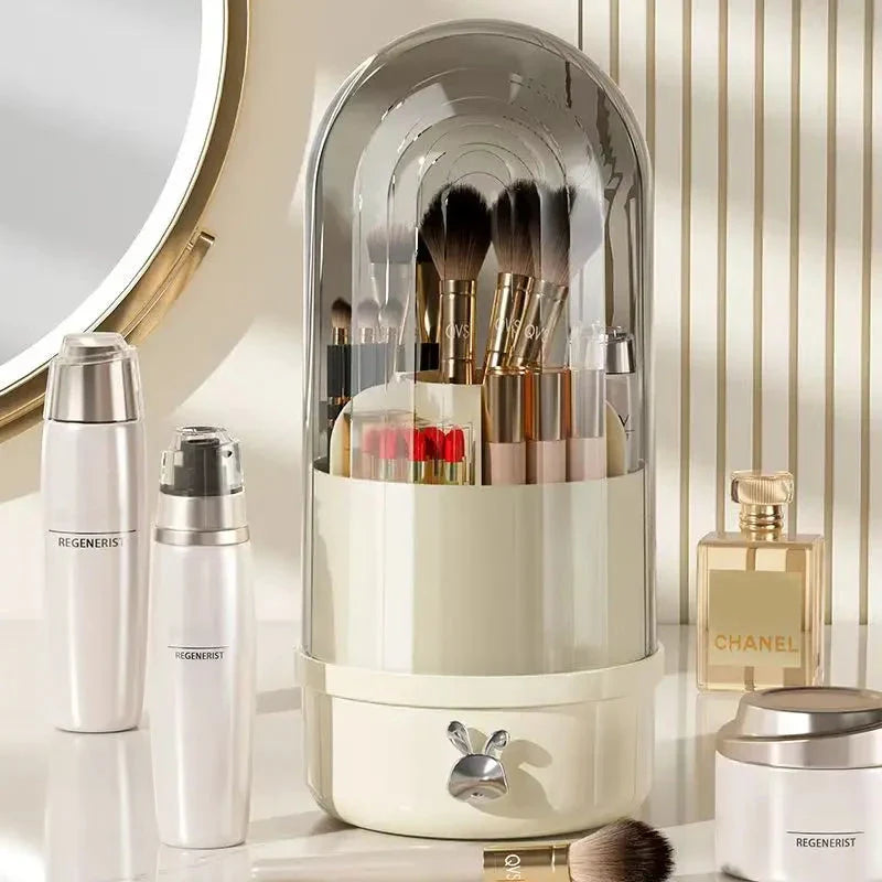 360 degree rotating makeup brush holder with clear acrylic cover and sliding drawer for organised brush storage