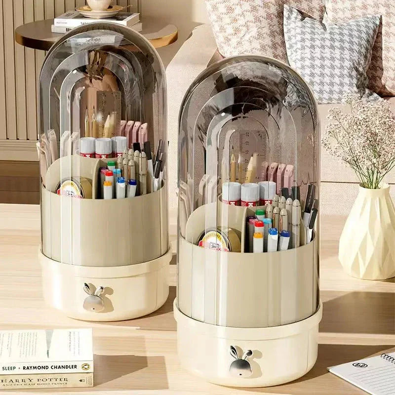 360 degree rotating makeup brush holder with clear acrylic cover and sliding drawer for organised brush storage