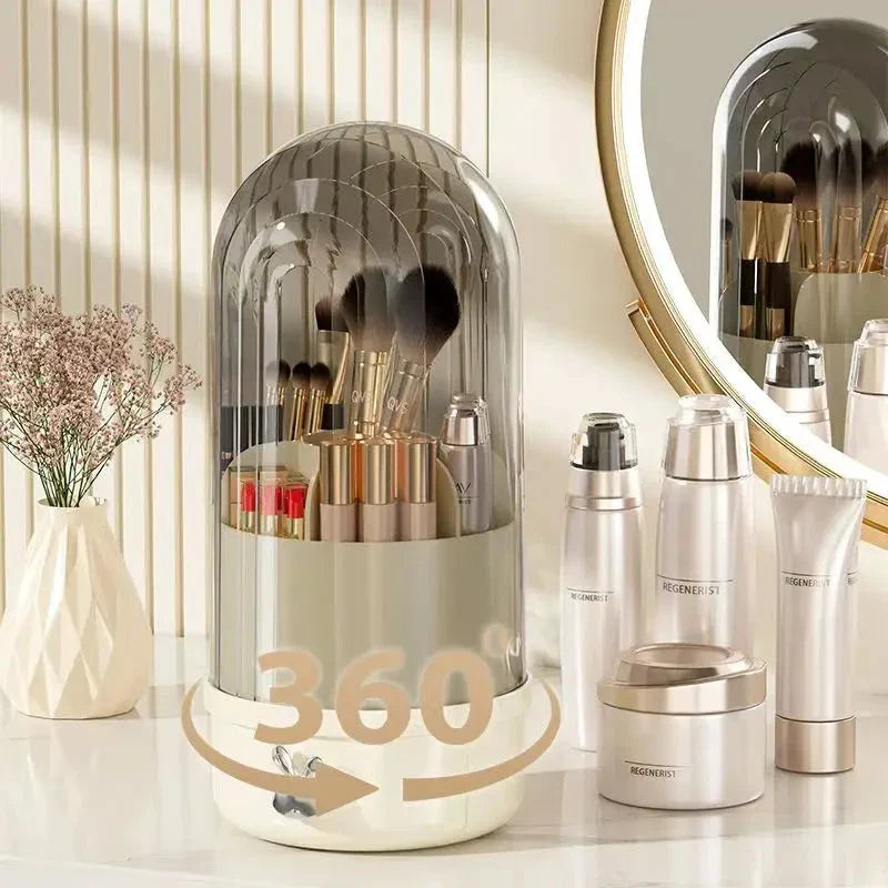 360 degree rotating makeup brush holder with clear acrylic cover and sliding drawer for organised brush storage