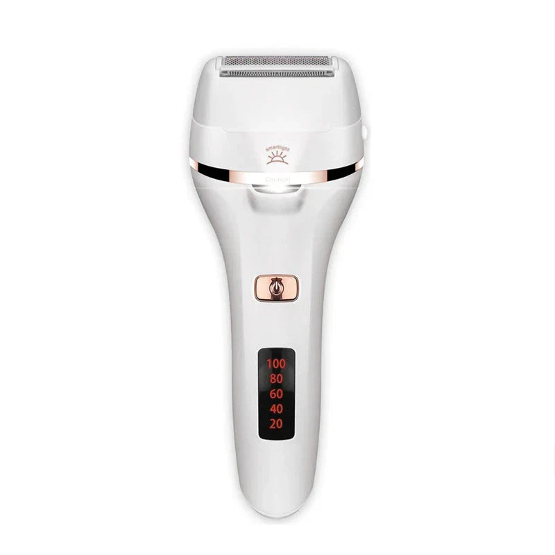 4-in-1 electric lady shaver and foot callus remover with stainless steel blades, adjustable speeds, and LED light