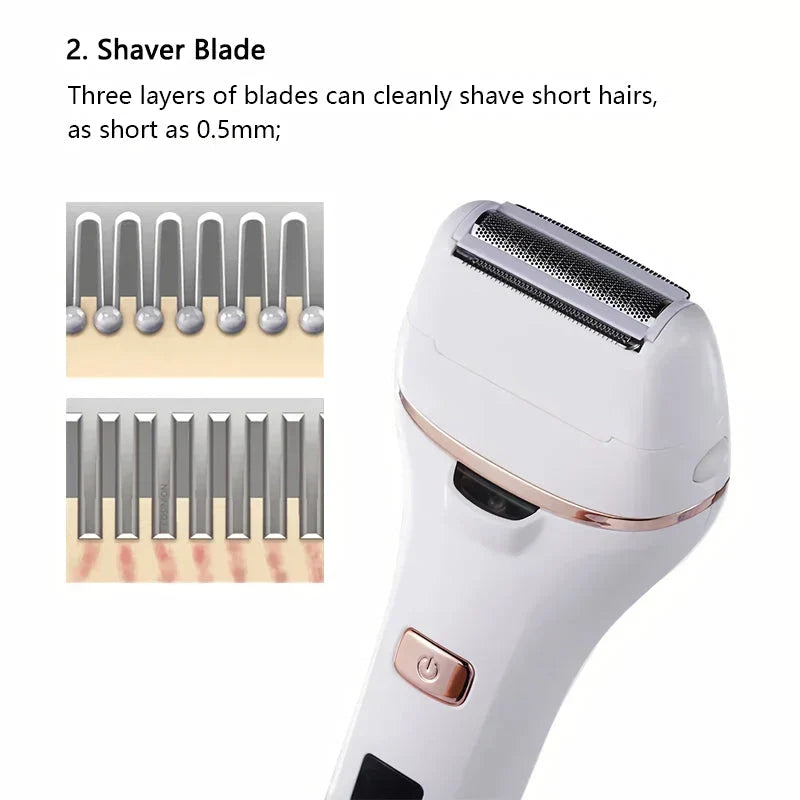 4-in-1 electric lady shaver and foot callus remover with stainless steel blades, adjustable speeds, and LED light