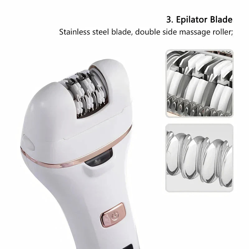 4-in-1 electric lady shaver and foot callus remover with stainless steel blades, adjustable speeds, and LED light