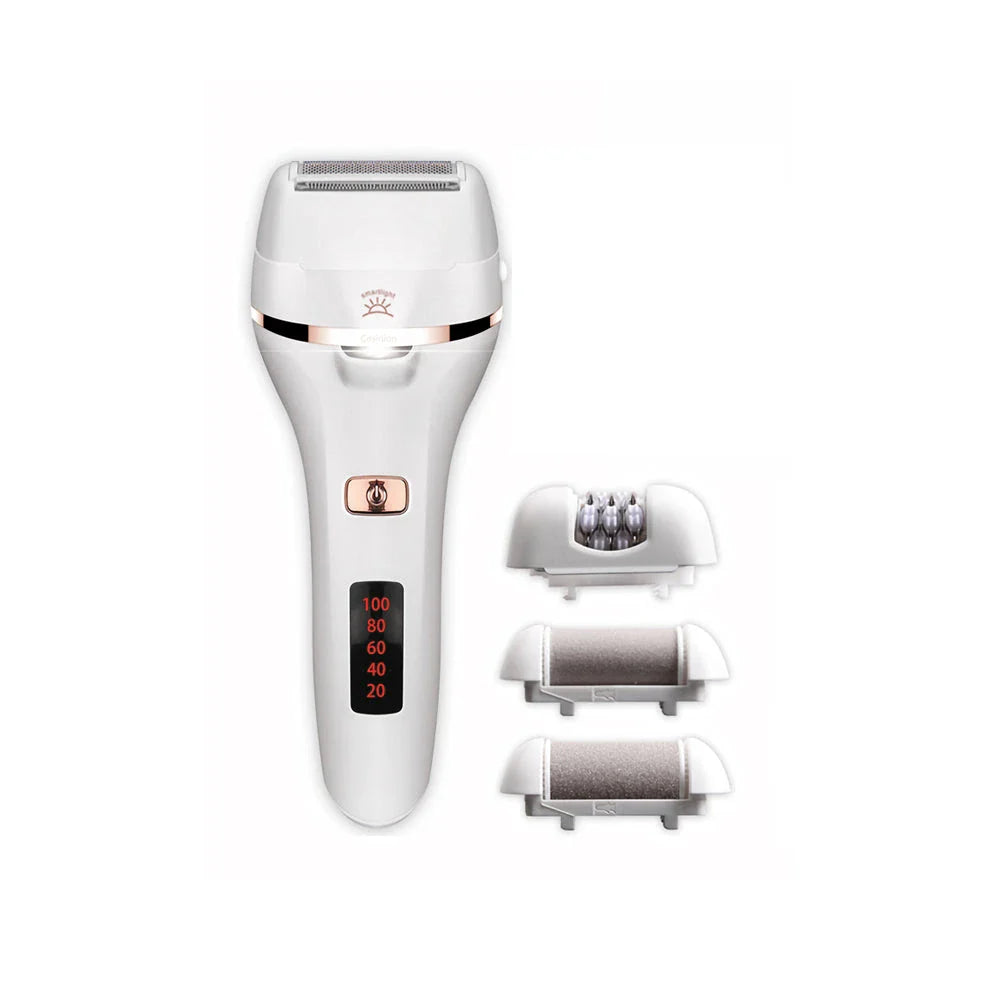 4-in-1 electric lady shaver and foot callus remover with stainless steel blades, adjustable speeds, and LED light