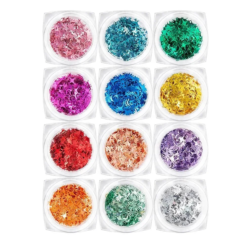 12 vibrant glitter star-shaped nail art sequins in a variety of eye-catching colours