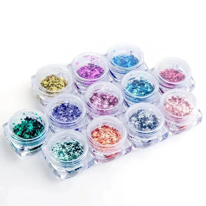 12 vibrant glitter star-shaped nail art sequins in a variety of eye-catching colours