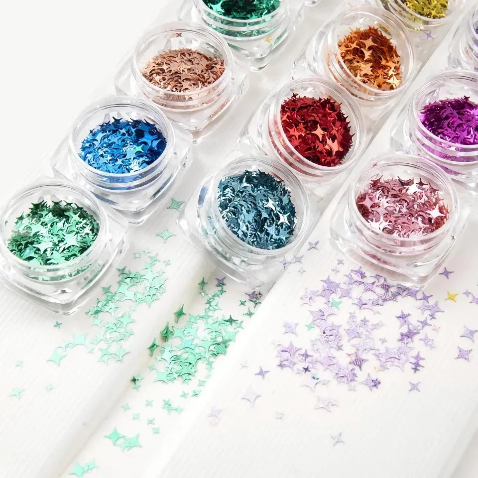 12 vibrant glitter star-shaped nail art sequins in a variety of eye-catching colours