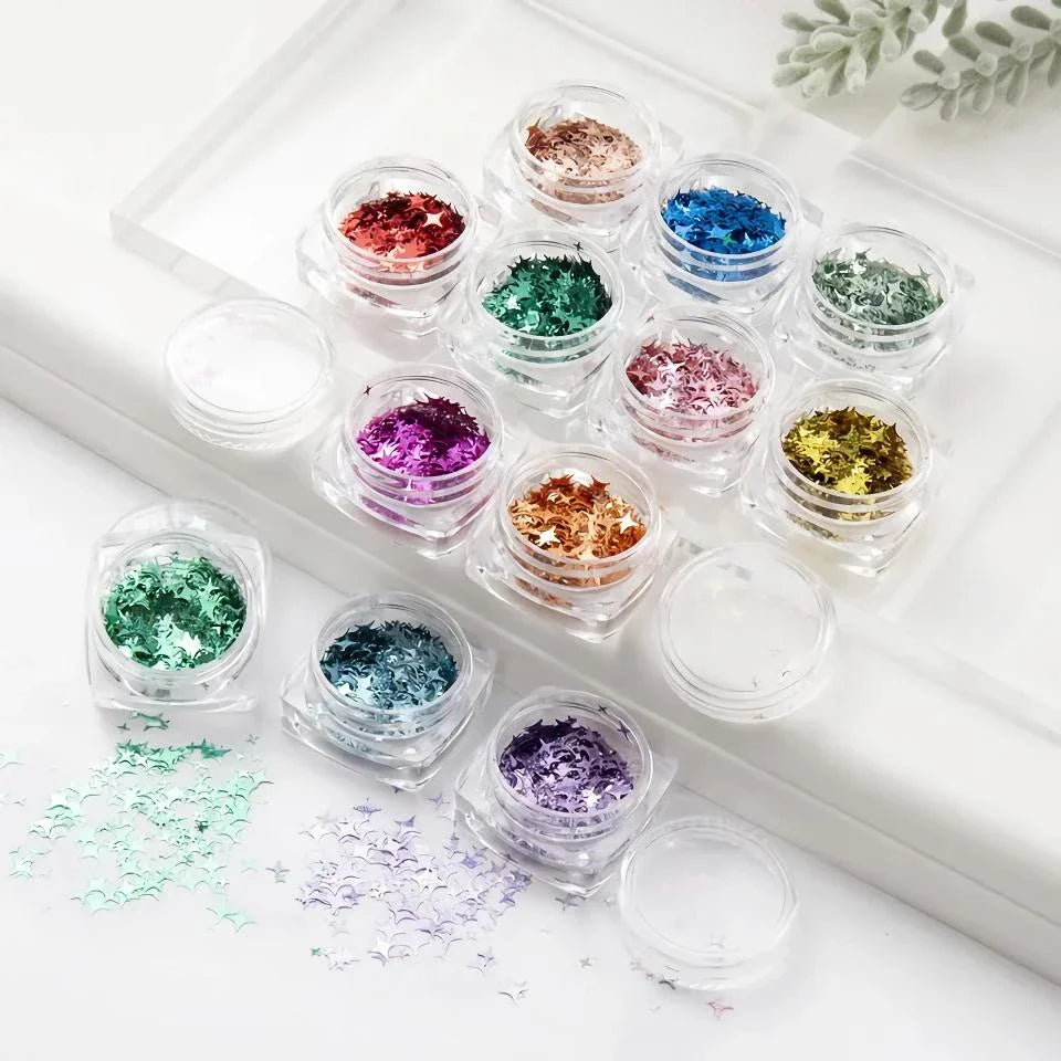 12 vibrant glitter star-shaped nail art sequins in a variety of eye-catching colours