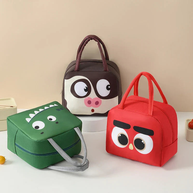 Cartoon Animal Thermal Lunch Bag for Kids in Gray, featuring vibrant animal designs and insulated construction.