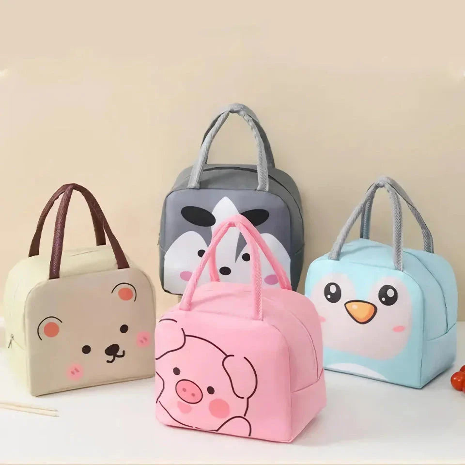 Cartoon Animal Thermal Lunch Bag for Kids in Gray, featuring vibrant animal designs and insulated construction.