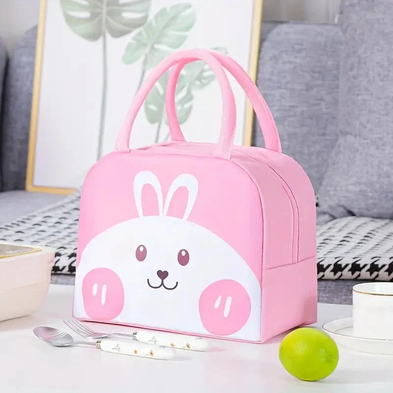 Cartoon Animal Thermal Lunch Bag for Kids in Gray, featuring vibrant animal designs and insulated construction.