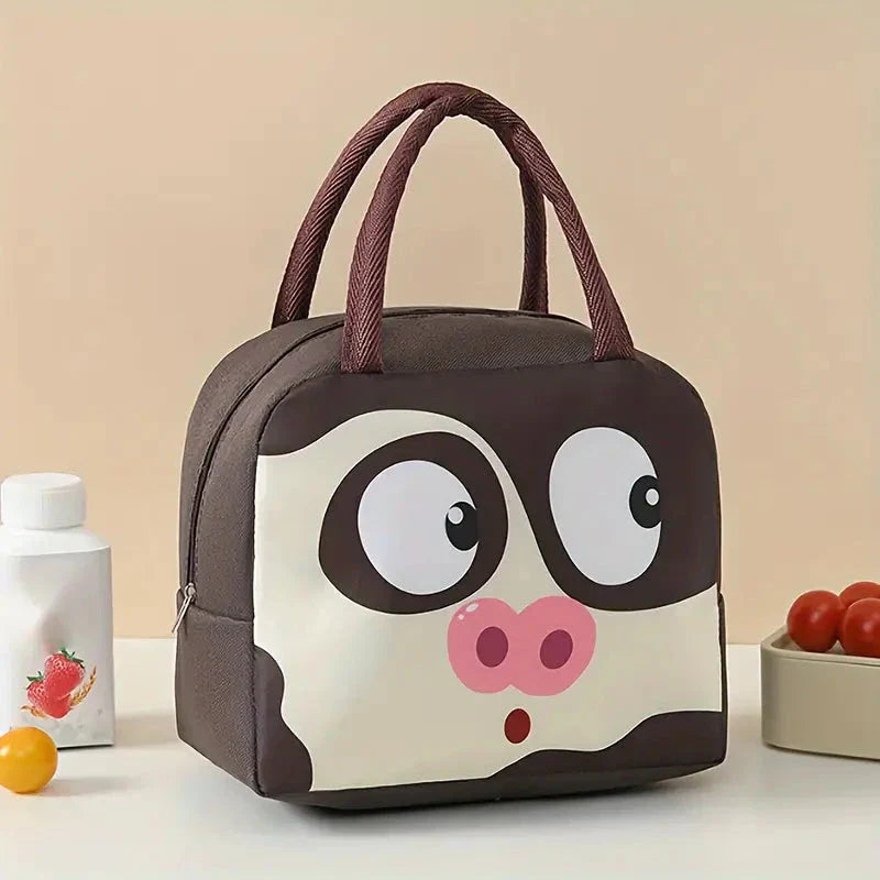 Cartoon Animal Thermal Lunch Bag for Kids in Gray, featuring vibrant animal designs and insulated construction.