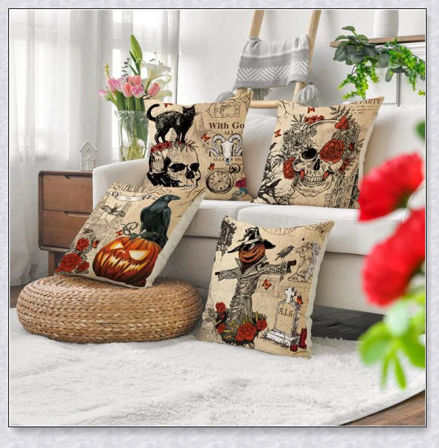 Pilloweep Halloween Sofa Pillowcase Collection with spooky skull, pumpkin, and crow designs