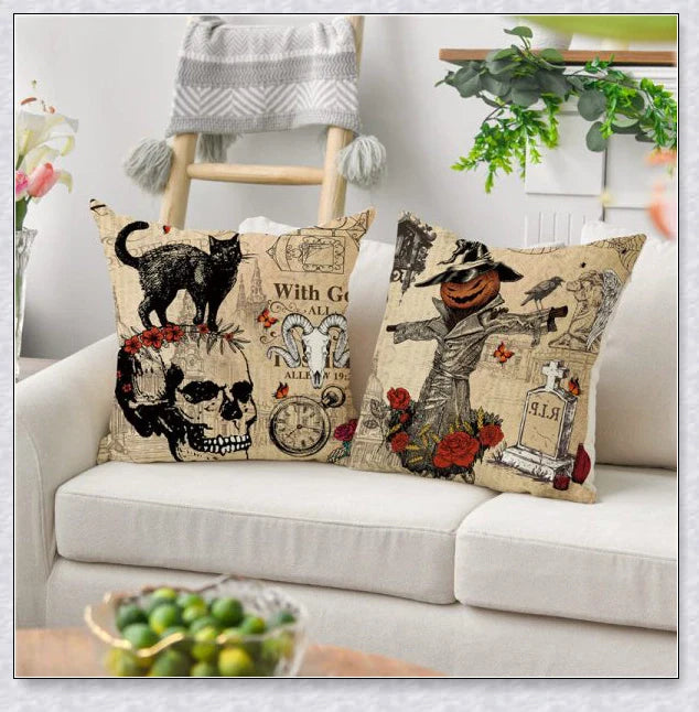 Pilloweep Halloween Sofa Pillowcase Collection with spooky skull, pumpkin, and crow designs