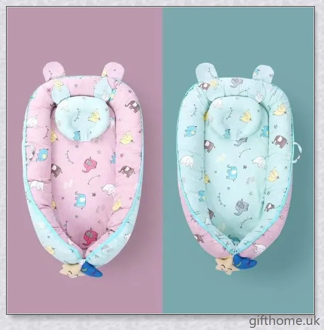 A cozy, anti-shock and anti-pressure baby sleeping crib with adorable animal print designs, providing a safe and comfortable sleeping environment for infants.