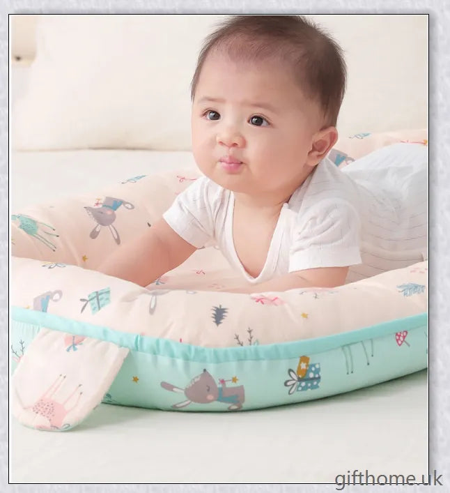 A cozy, anti-shock and anti-pressure baby sleeping crib with adorable animal print designs, providing a safe and comfortable sleeping environment for infants.