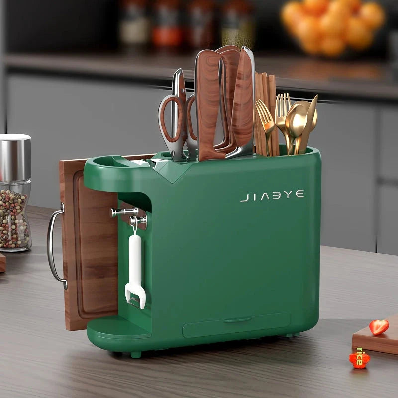 A multi-functional kitchen storage rack holding various kitchen tools and accessories