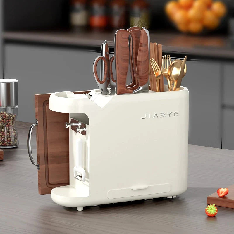 A multi-functional kitchen storage rack holding various kitchen tools and accessories