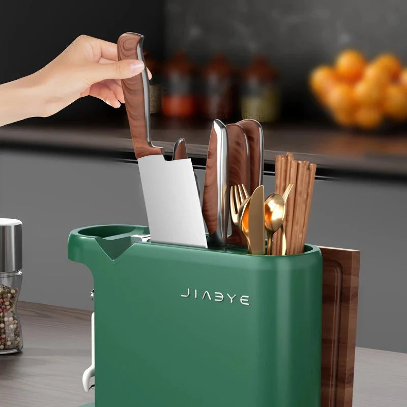 A multi-functional kitchen storage rack holding various kitchen tools and accessories