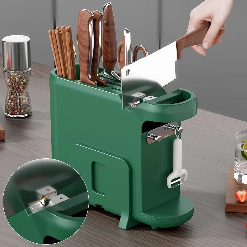 A multi-functional kitchen storage rack holding various kitchen tools and accessories