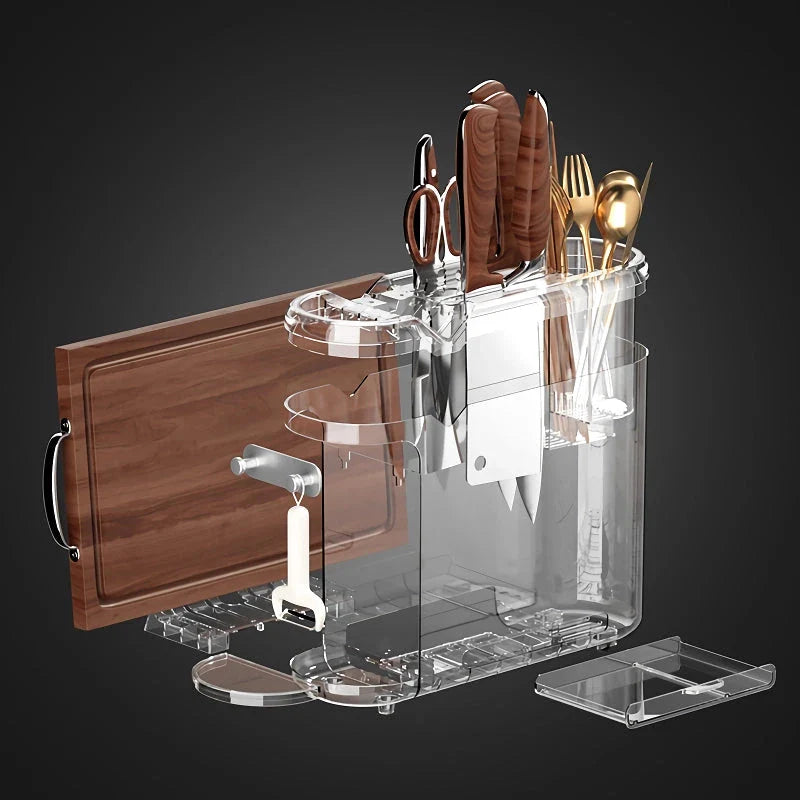 A multi-functional kitchen storage rack holding various kitchen tools and accessories