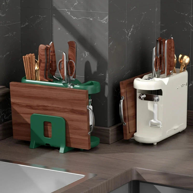 A multi-functional kitchen storage rack holding various kitchen tools and accessories
