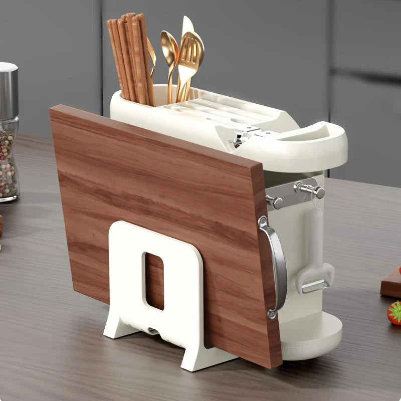 A multi-functional kitchen storage rack holding various kitchen tools and accessories