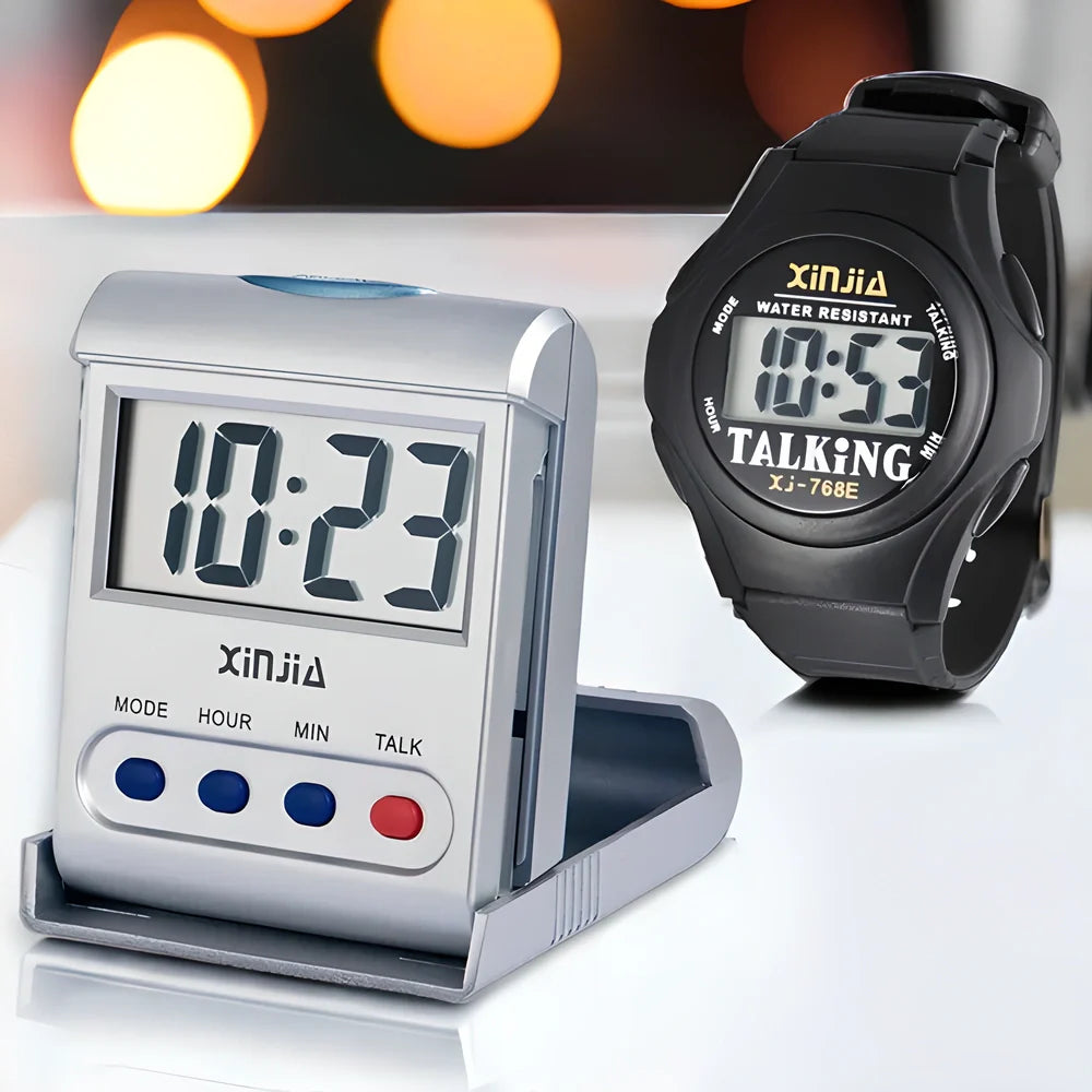 Talking Digital Alarm Clock and Wristwatch Set with voice-enabled time telling, backlit display, and waterproof design for the elderly and visually impaired