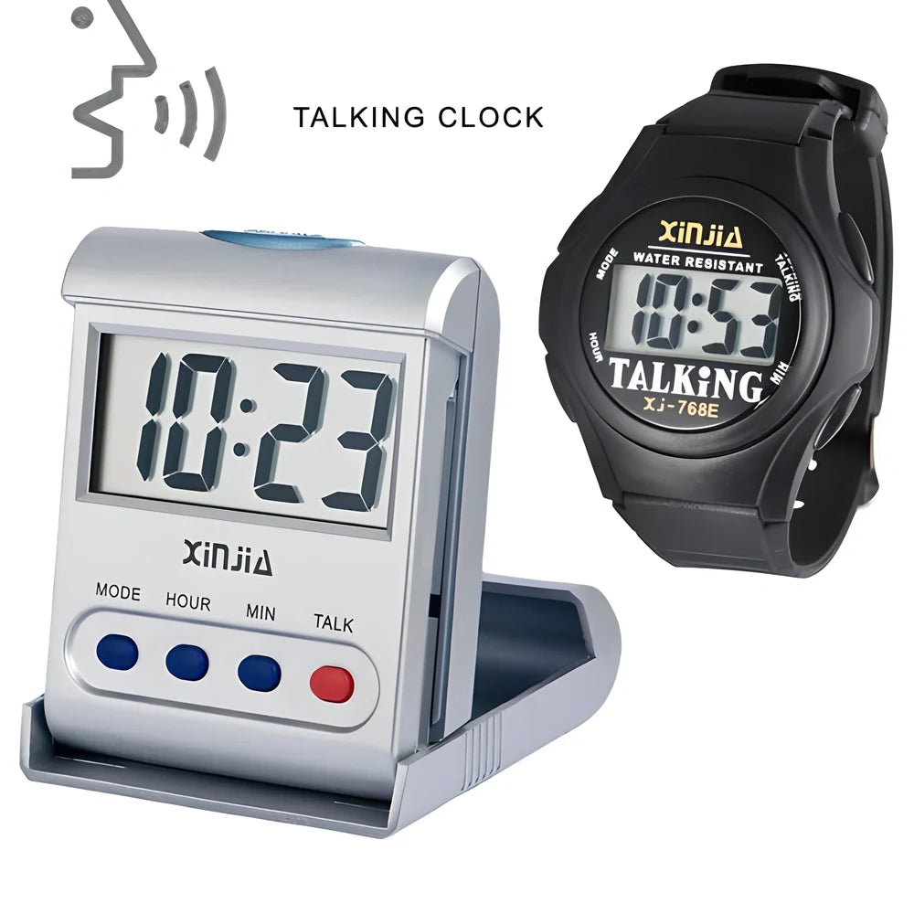 Talking Digital Alarm Clock and Wristwatch Set with voice-enabled time telling, backlit display, and waterproof design for the elderly and visually impaired
