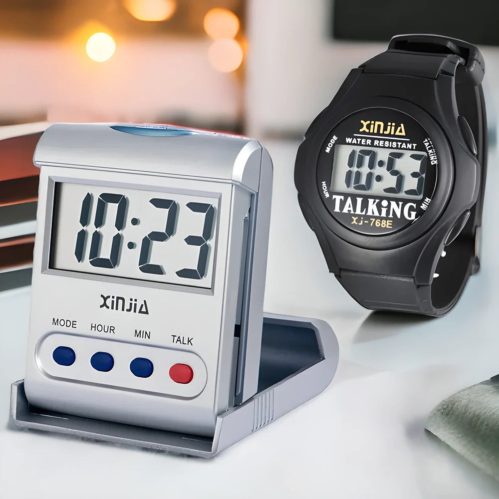 Talking Digital Alarm Clock and Wristwatch Set with voice-enabled time telling, backlit display, and waterproof design for the elderly and visually impaired