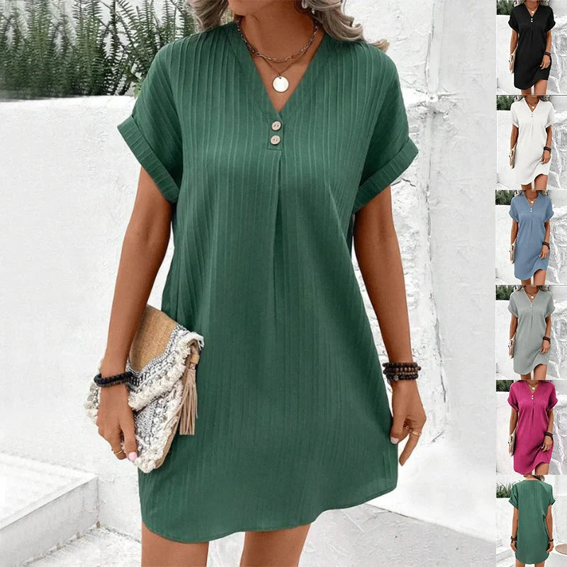 Stylish V-neck short-sleeved women's dress in various colours