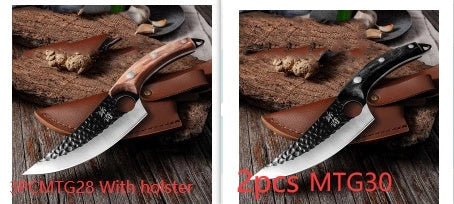 Forged stainless steel boning knife with ergonomic handle and leather sheath