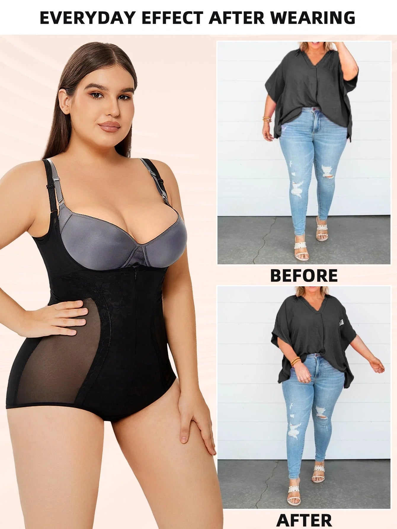 Women's slimming shapewear bodysuit in black and apricot for tummy control and a smooth silhouette.