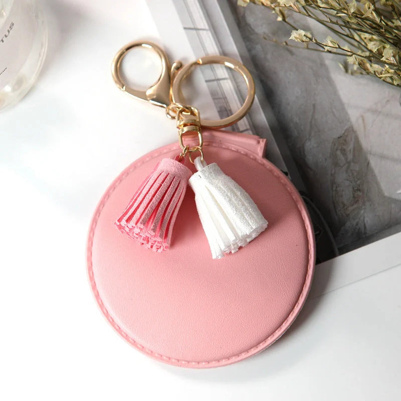Mini round PU leather small mirror with lovely tassel in various colours