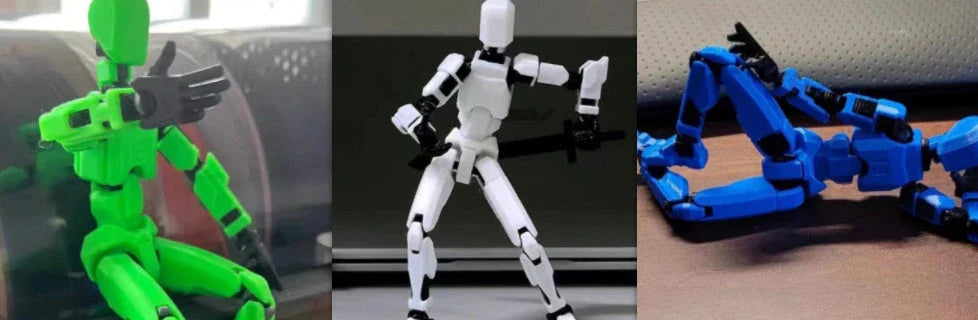 Poseable 3D-printed transforming robot action figure toy in various bright colors