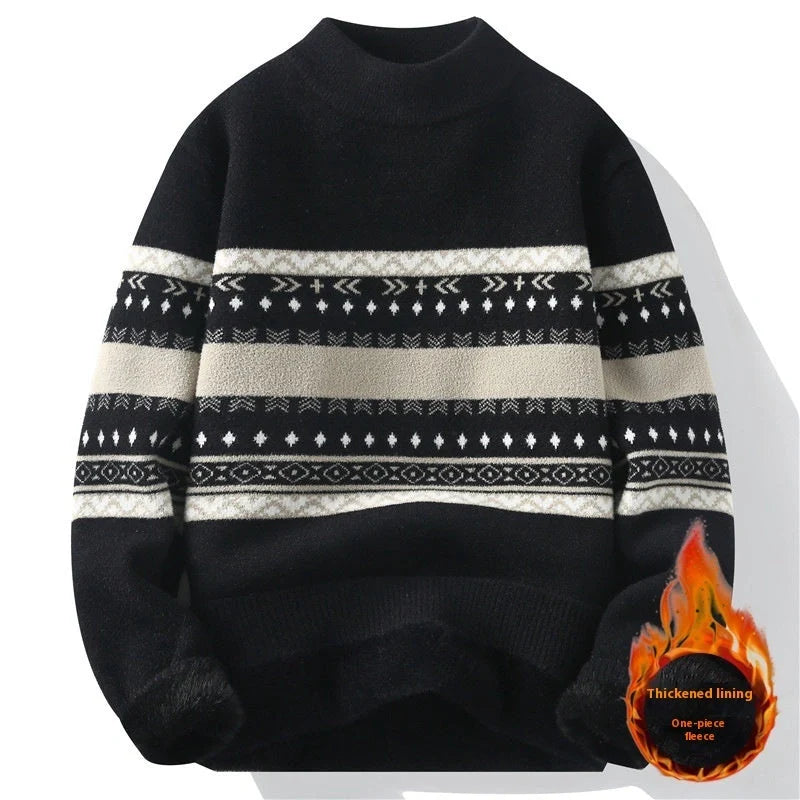 Men's mock neck velvet knit pullover in dark grey, black, and apricot