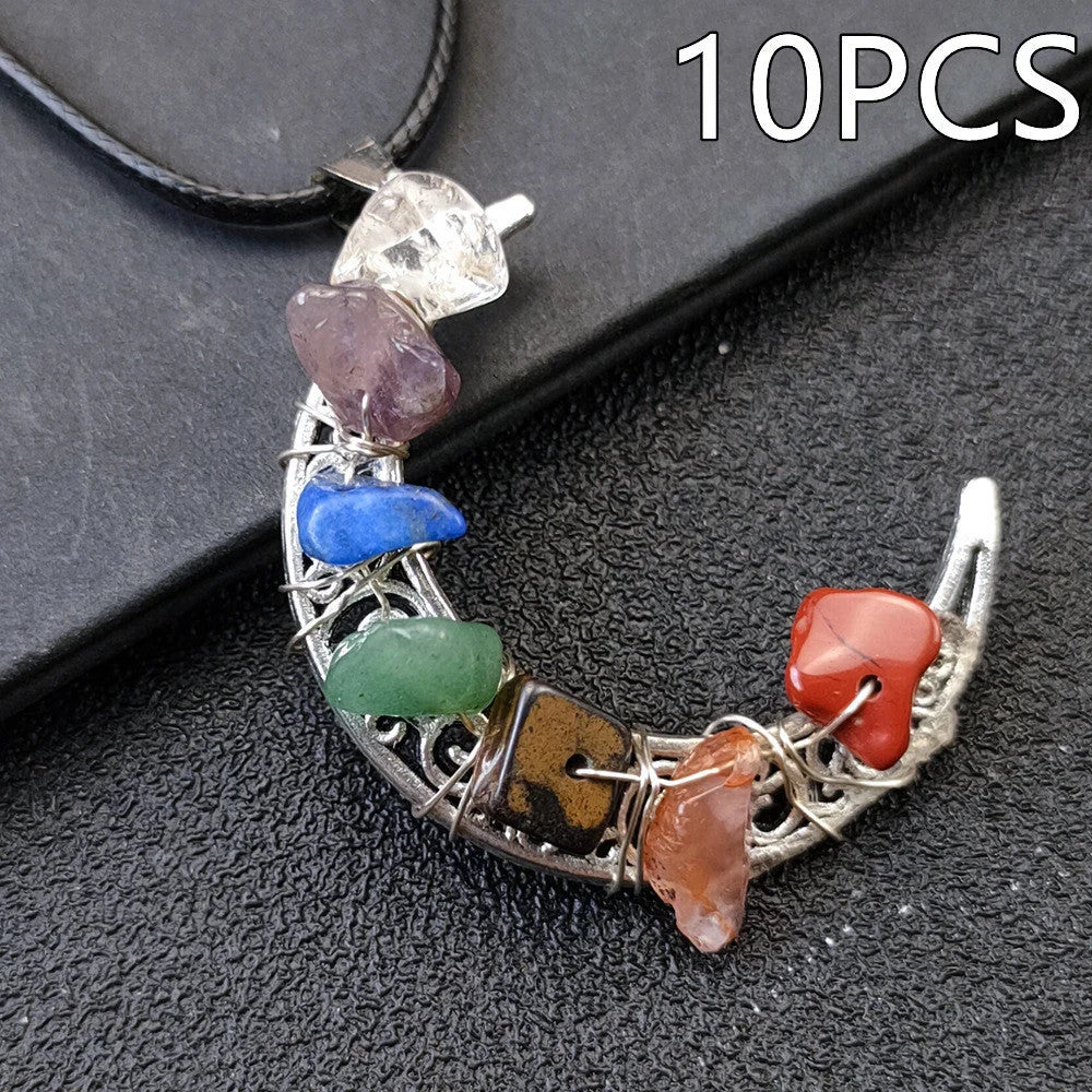 Seven Chakras Crystal Moon Pentagram Necklace in bohemian style