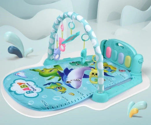 Interactive baby play mat with piano keyboard and bear rattle for sensory development