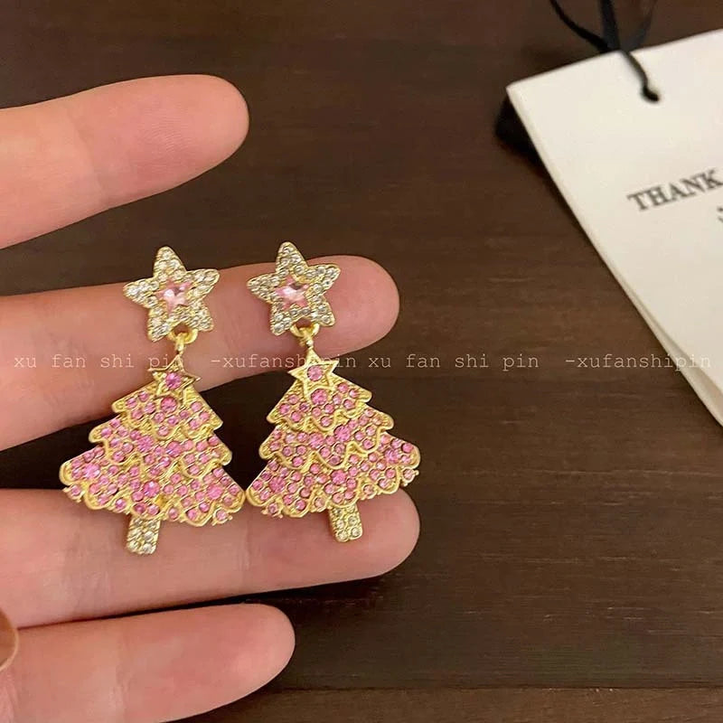 Elegant Christmas tree earrings with sparkling zircon stones, perfect for festive celebrations