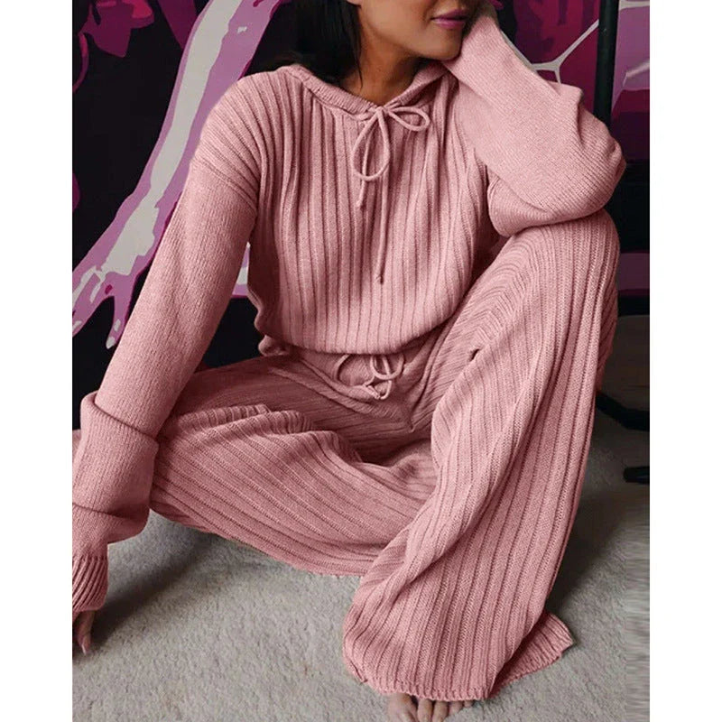 Cozy hooded two-piece loungewear set with soft, stretchy fabric and relaxed silhouette