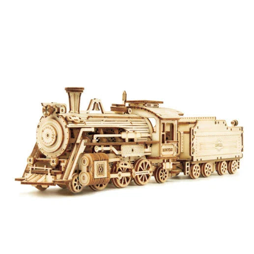Premium wooden train model kit with detailed components and instructions for DIY assembly