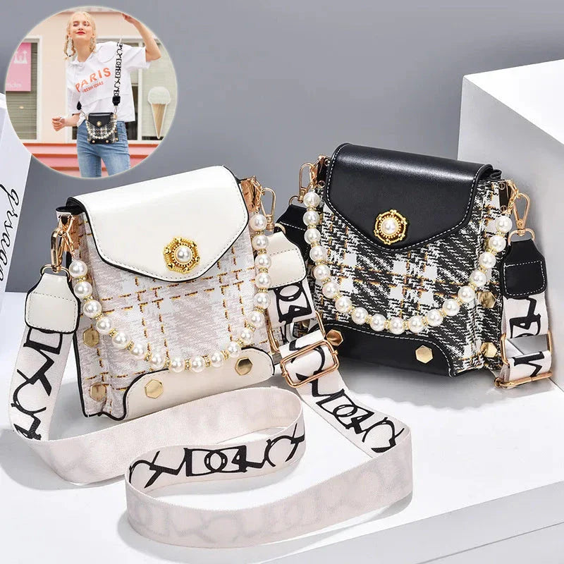 Premium crossbody phone bag with elegant pearl charm, made of durable PU leather and available in multiple color options