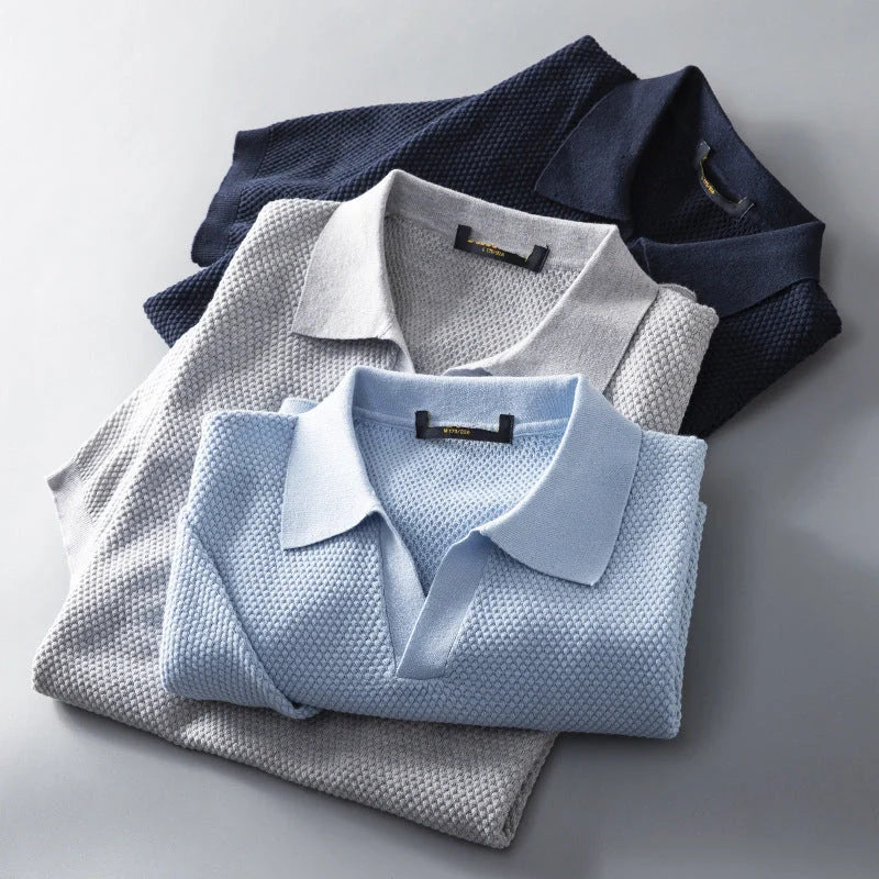 Men's V knit lapel short sleeve top in cotton, available in blue, navy blue, and grey