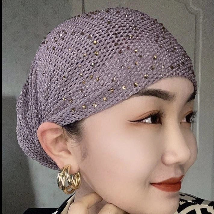 Stylish knitted beanie with elegant hot drilling pattern in various colours, including black, grey, wine red, ancient purple, and deep khaki