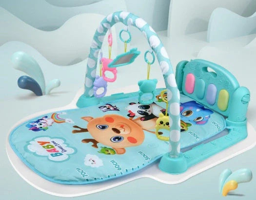 Interactive baby play mat with piano keyboard and bear rattle for sensory development